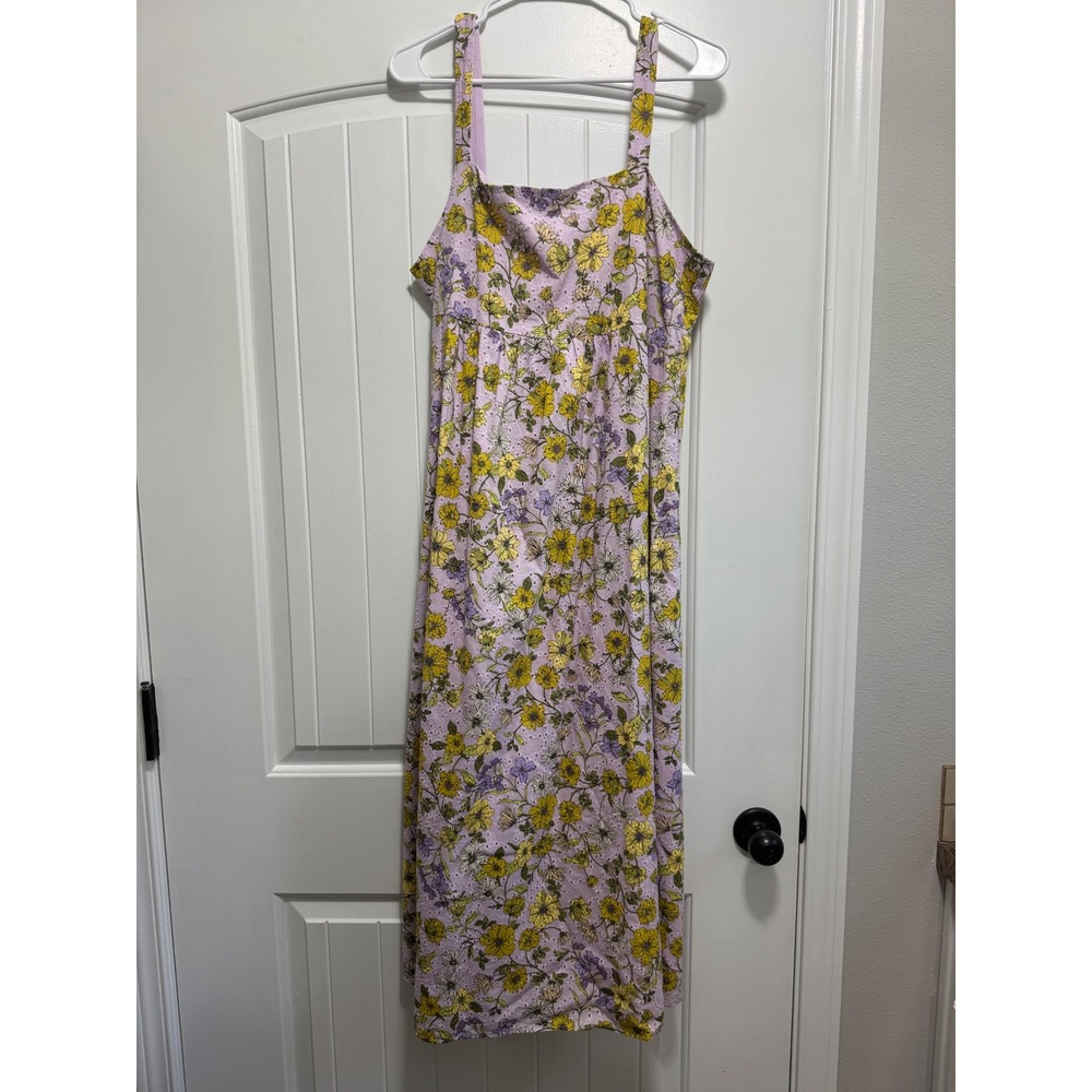 Loft Floral Eyelet Midi Dress Lavender Purple Yellow Square Neckβ Womens 14 NWT